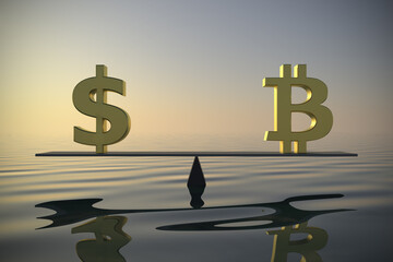 Exchange rate between US Dollar and Bitcoin 3d rendering.