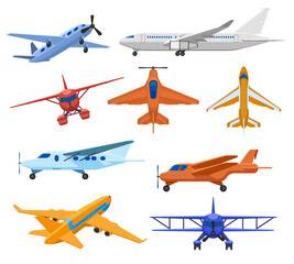 Aircraft jets. Flight vehicles, passenger jet airplane, private aircraft and cargo service plane. Commercial aviation aircrafts vector illustrations. Flying transport service, traveling