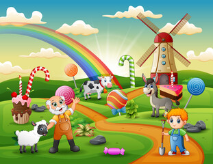 The farmer and farm animals in the sweet land illustration © dreamblack46