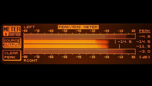 Yellow color volume meter of  stereo sound on professional high quality music recording equipment. Closeup