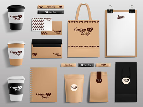 Realistic coffee shop mockups. Cafe, restaurant corporate identity, cup, envelope, menu and package templates vector illustration set. Branding, isolated shopping bags, sugar and notebook