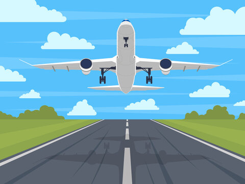 Airplane runway. Landing or taking off plane, passenger airplane in blue sky. Airport runway travel or vacation vector illustration. Aircraft departure flight, journey or trip concept