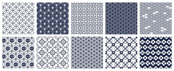 Japanese geometric patterns. Seamless oriental decorative backdrops, geometric ornamental pattern. Traditional asian motifs vector background set. Abstract blue floral design for fabric