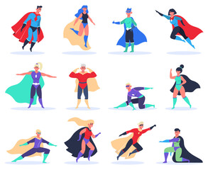 Female and male superheroes. Powerful superhero characters, brave superman and superwoman in superheroes costume with cloak vector illustration set. People in capes with super power - obrazy, fototapety, plakaty