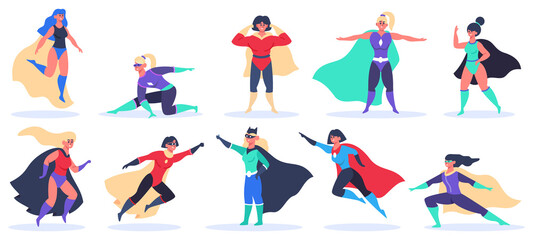 Fototapeta na wymiar Female superheroes. Superwoman powerful characters, flying super girls in superwoman cloak costume, wonder women mascots vector illustration set. Posing characters in mantle or cape