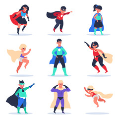 Fototapeta na wymiar Superhero kids. Boys and girls superhero characters, wonder children in colorful superhero costumes with cloak isolated vector illustration set. Kids in bright suites, masks with capes