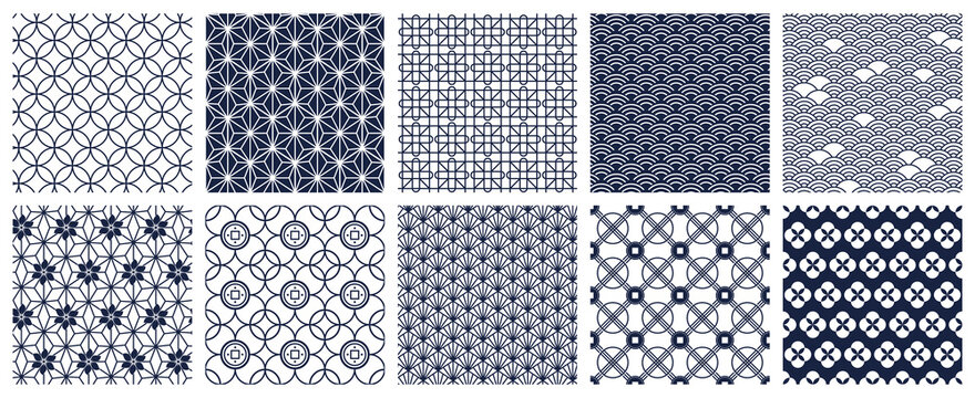 Japanese geometric patterns. Seamless oriental decorative backdrops, geometric ornamental pattern. Traditional asian motifs vector background set. Abstract blue floral design for fabric