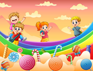 Happy kids playing on a candy land illustration