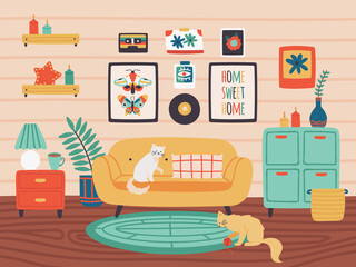 Naklejka na ściany i meble Comfy living room. Cozy stylish interior in hygge style, home decorations, living room with sofa, shelf and pictures on wall vector illustration. Comfortable room with cat pets, candles and plants