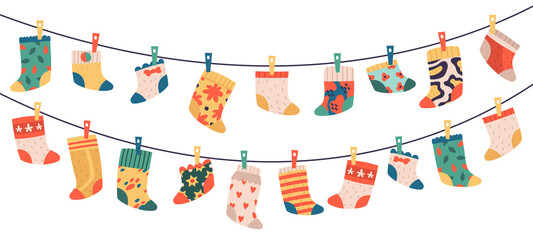 Children socks. Hanging colorful drying cotton or wool socks, cute baby clothes, socks hang on laundry rope vector illustration symbols set