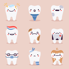 Cute teeth mascots. Dental teeth characters with dentistry problems, treatments, tooth healthcare and hygiene vector illustration symbols set. Tooth with braces, caries and X-ray picture