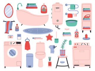 Bathroom interior. Bath tools, toilette utensils, bathtub, toilet, washer and dryer. Bathroom interior accessories vector symbols set. Water closet and towel dryer, house plant and chemicals
