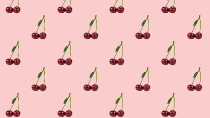 Seamless pattern of cherry berries on a pink background.