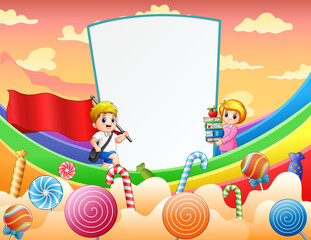 Sweet card with boy and teacher on rainbow