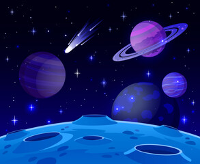 Cartoon space landscape. Cosmic planet surface, futuristic celestial bodies landscape, galaxy stars and comets view vector background illustration. Lifeless land with craters at night © WinWin