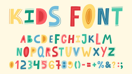 Childish cute alphabet. Hand drawn baby funky ABC, doodle letters, numbers and sight. Nursery bright alphabet vector illustration symbols set. Latin colorful bright letters for kids