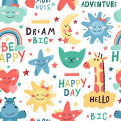 Cute kids pattern. Seamless hand drawn cute animals, moon and stars backdrop. Nursery creative decoration vector background illustration. Childish design with cat, giraffe and hippopotamus