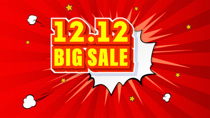 Shopping Day 12.12 Global Big Sale of the year. Expressive volumetric text. Pop art background with comic speech bubble. Vector 3d illustration