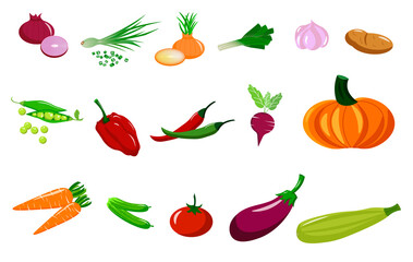 Set with different vegetables. Fresh vegetables are healthy food. Vector illustration isolated on white background. Icons and logos. For cafes, restaurants and menus, fabrics and scrapbooking, farms
