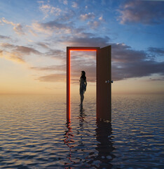 3D rendering scene open door on the water and female human staying out looking to the sunset