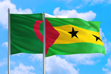 Sao Tome And Principe and Algeria national flag waving in the windy deep blue sky. Diplomacy and...