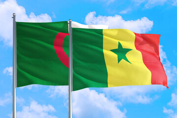 Senegal and Algeria national flag waving in the windy deep blue sky. Diplomacy and international relations concept.