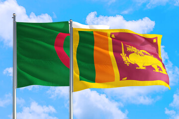 Sri Lanka and Algeria national flag waving in the windy deep blue sky. Diplomacy and international relations concept.