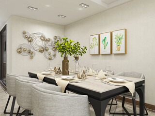 spacious dining room design next to the modern kitchen, with a beautiful dining table and greenery