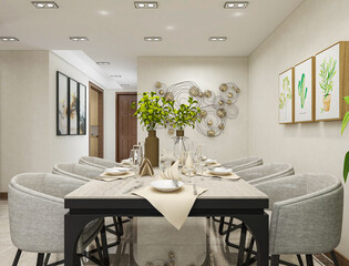 spacious dining room design next to the modern kitchen, with a beautiful dining table and greenery