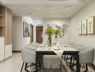 spacious dining room design next to the modern kitchen, with a beautiful dining table and greenery