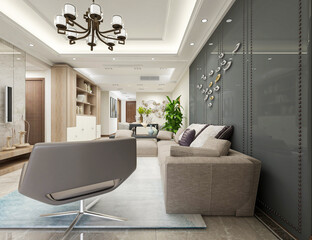 spacious living room design of modern residence, with sofa, tea table, decorative painting, etc