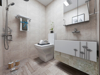  modern residential clean bathroom design, with washbasins, mirrors, toilets, shower equipment and bathtubs