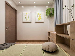 3D rendering, elegant and modern bedroom design, big bed with overcoat cabinet, coffee table, TV, carpet, etc., very comfortable and leisure