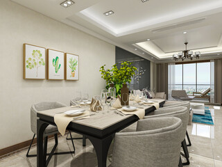 spacious dining room design next to the modern kitchen, with a beautiful dining table and greenery