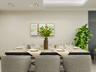 spacious dining room design next to the modern kitchen, with a beautiful dining table and greenery