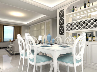 spacious dining room design next to the modern kitchen, with a beautiful dining table and greenery