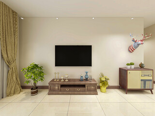 spacious living room design of modern residence, with sofa, tea table, decorative painting, 