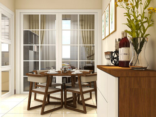 spacious dining room design next to the modern kitchen, with a beautiful dining table and greenery