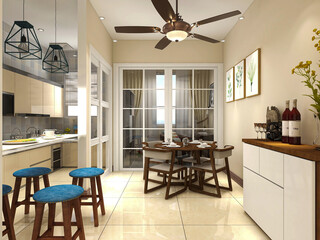 spacious dining room design next to the modern kitchen, with a beautiful dining table and greenery