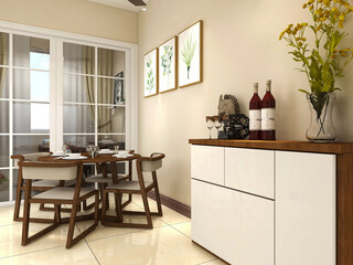 spacious dining room design next to the modern kitchen, with a beautiful dining table and greenery