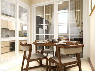 spacious dining room design next to the modern kitchen, with a beautiful dining table and greenery