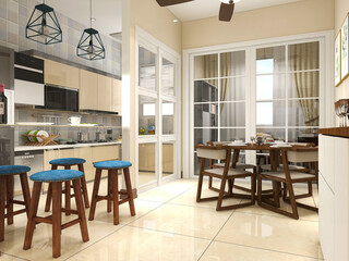 spacious dining room design next to the modern kitchen, with a beautiful dining table and greenery
