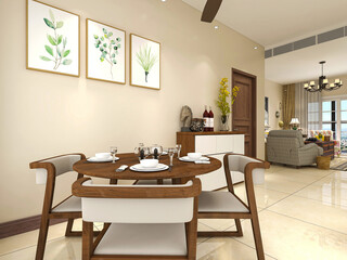 spacious dining room design next to the modern kitchen, with a beautiful dining table and greenery