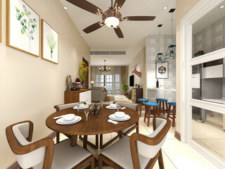 spacious dining room design next to the modern kitchen, with a beautiful dining table and greenery