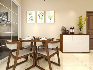 spacious dining room design next to the modern kitchen, with a beautiful dining table and greenery