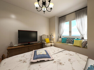  elegant and modern bedroom design, big bed with overcoat cabinet, coffee table, TV, carpet, etc., very comfortable and leisure.