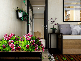 Fototapeta na wymiar The design of the outdoor balcony of the urban residence is equipped with flowers, leisure tables, chairs and other decorations.