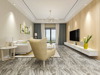 spacious living room design of modern residence, with sofa, tea table, decorative painting, etc