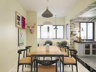 warm dining room area design, wooden table and chair