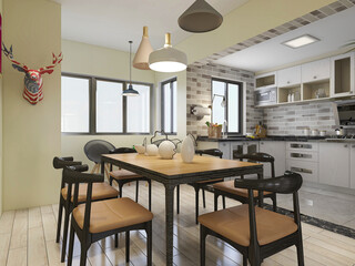 warm dining room area design, wooden table and chair